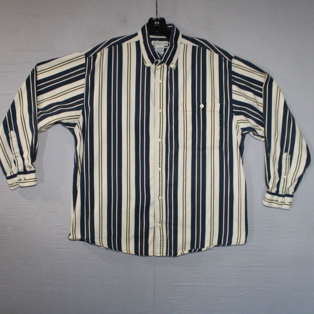 Vintage Merona Shirt Mens Large Beige Blue Striped Button Down Long Sleeve 90s